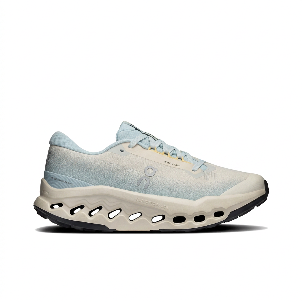 Pale blue and cream On Cloudsurfer Trail 2 shoe side view on white background