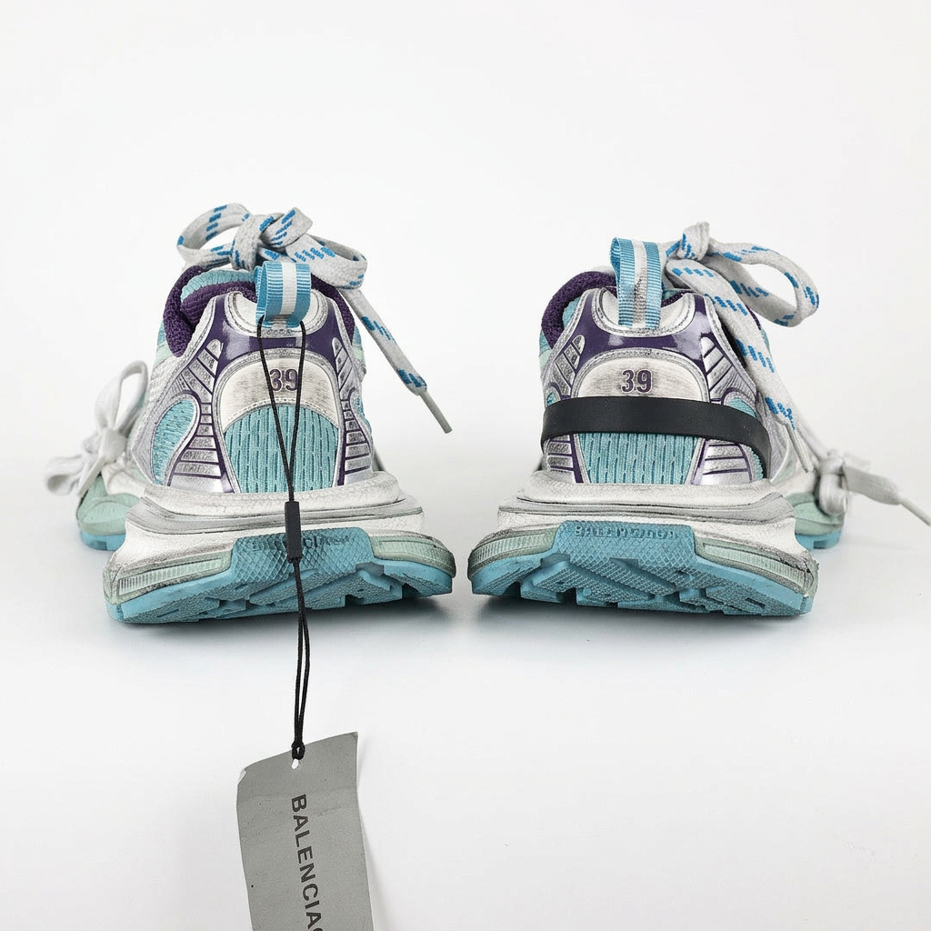 Balenciaga 3XL white and teal rear view on white background