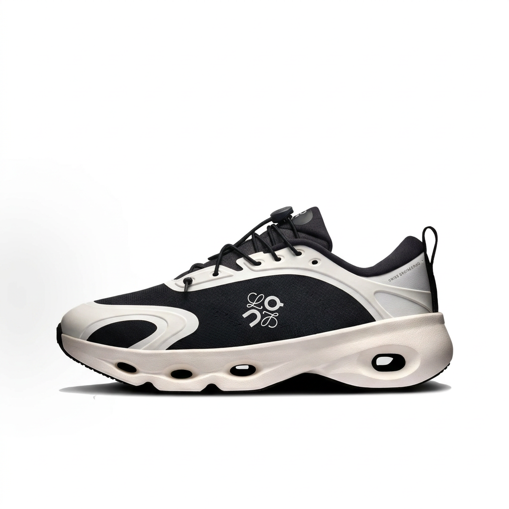 Black and off-white LOEWE x On Cloudsolo sneaker opposite side on white background