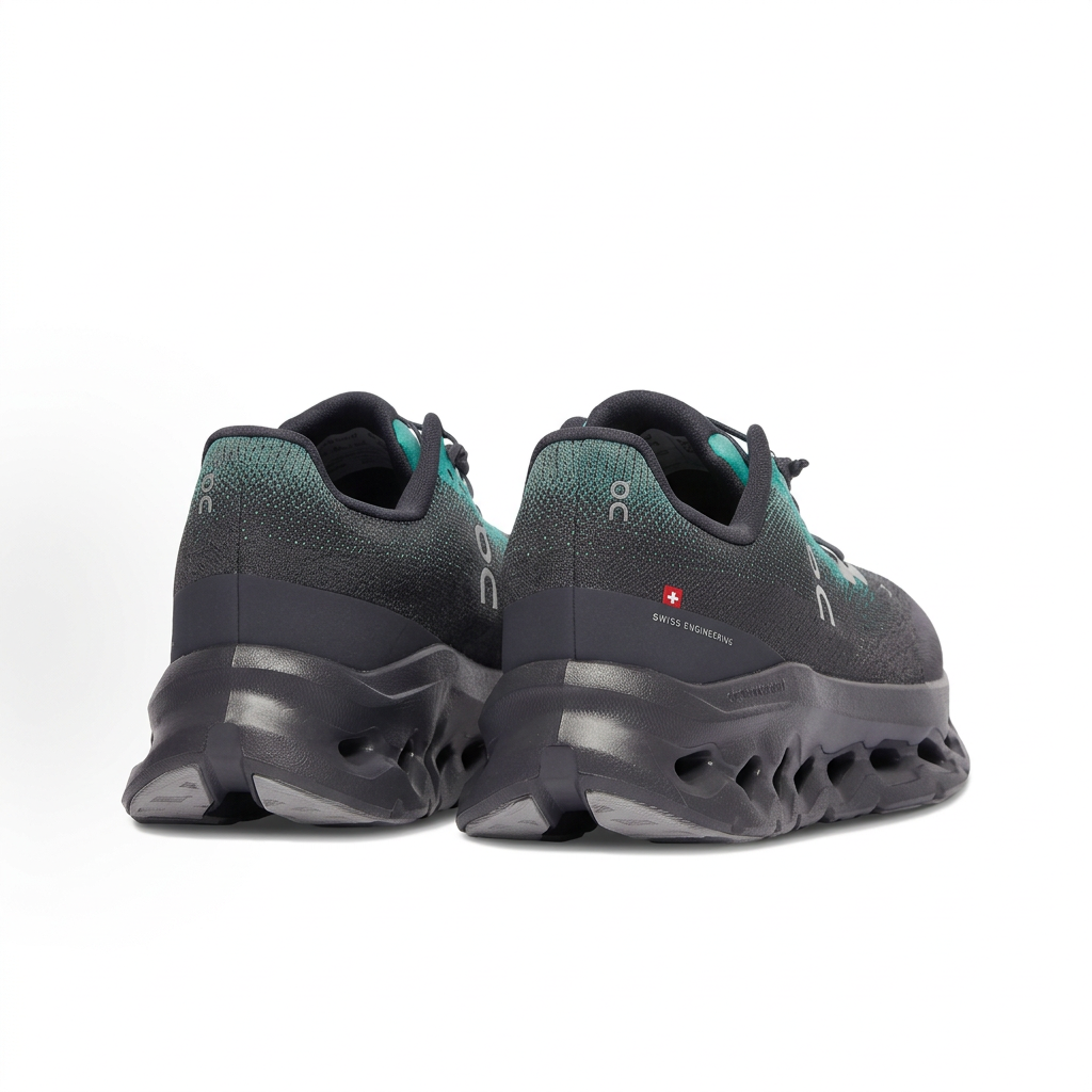 Black and teal On Cloudtilt sneakers rear view on white background