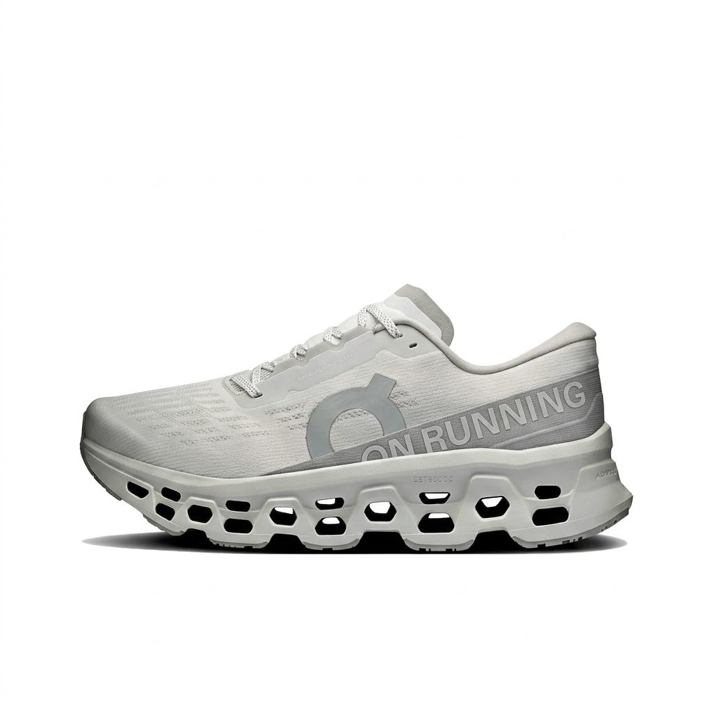 On Cloudmonster 3 light grey and white sneaker, left-facing side view on white