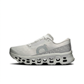 On Cloudmonster 3 light grey and white sneaker, left-facing side view on white