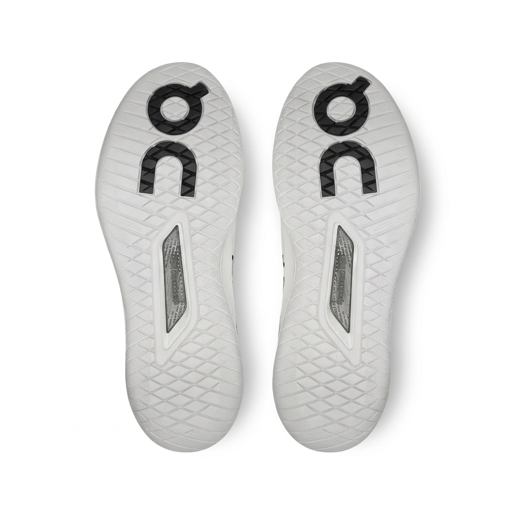 On sneaker outsole view on white background