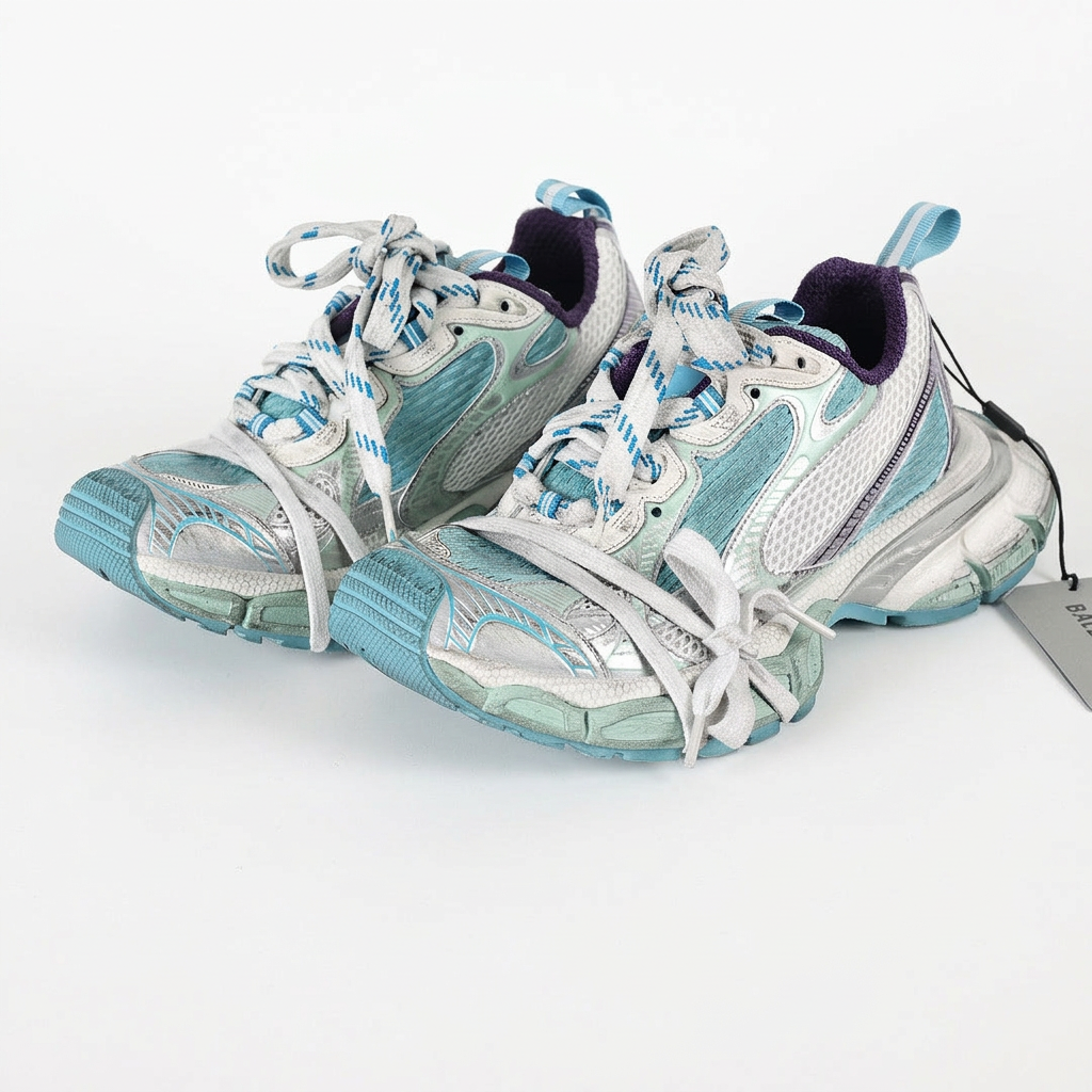Balenciaga 3XL white and teal sneakers on white background, view 2