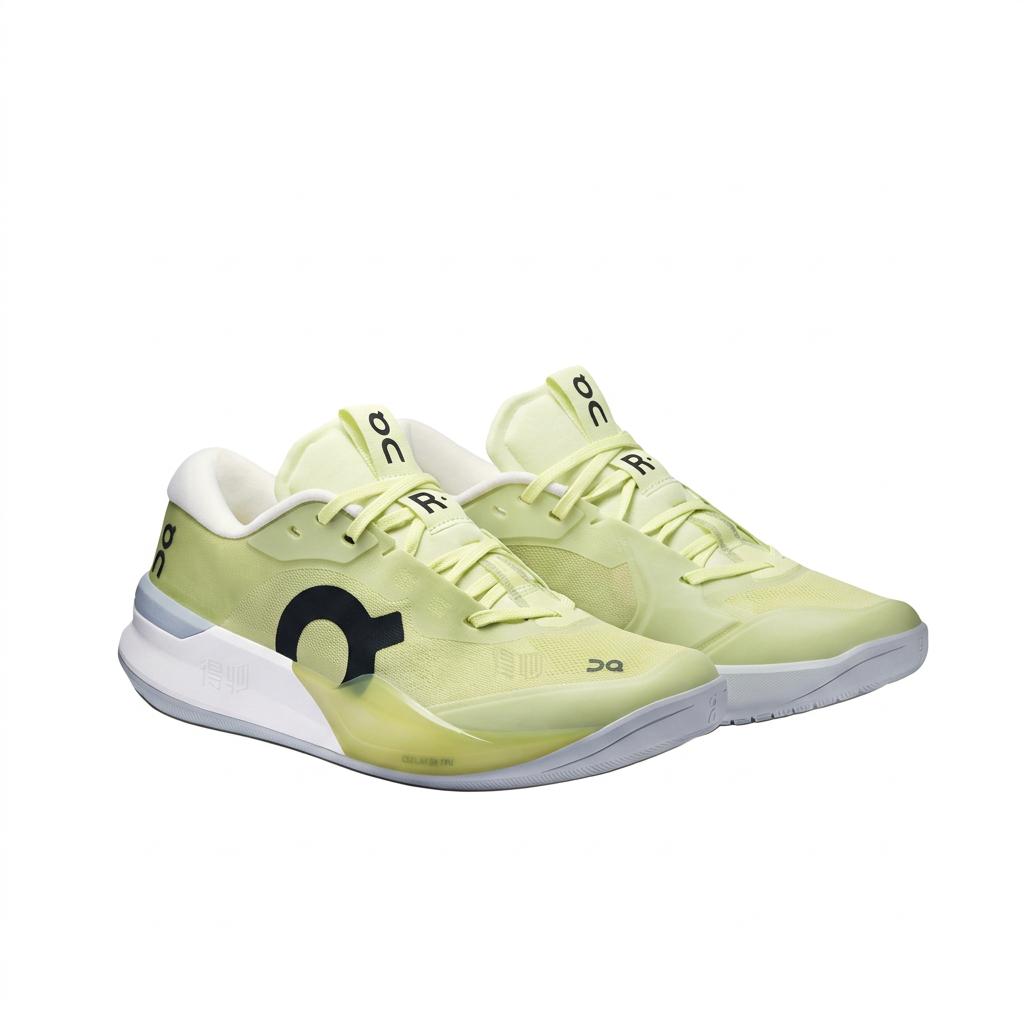 On THE ROGER Pro 3 pale yellow and black sneakers, three-quarter pair view on white