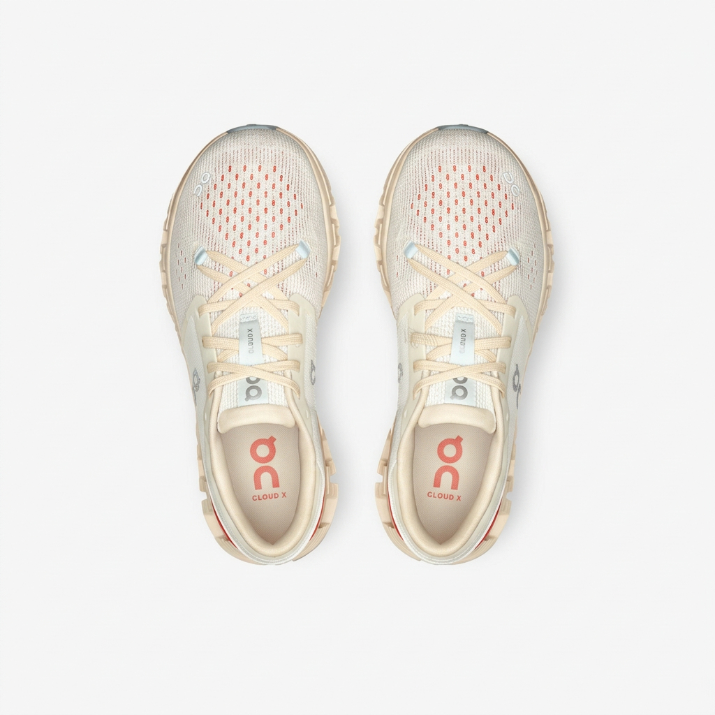 Cream and coral red On Cloud X 4 sneakers top view on white background
