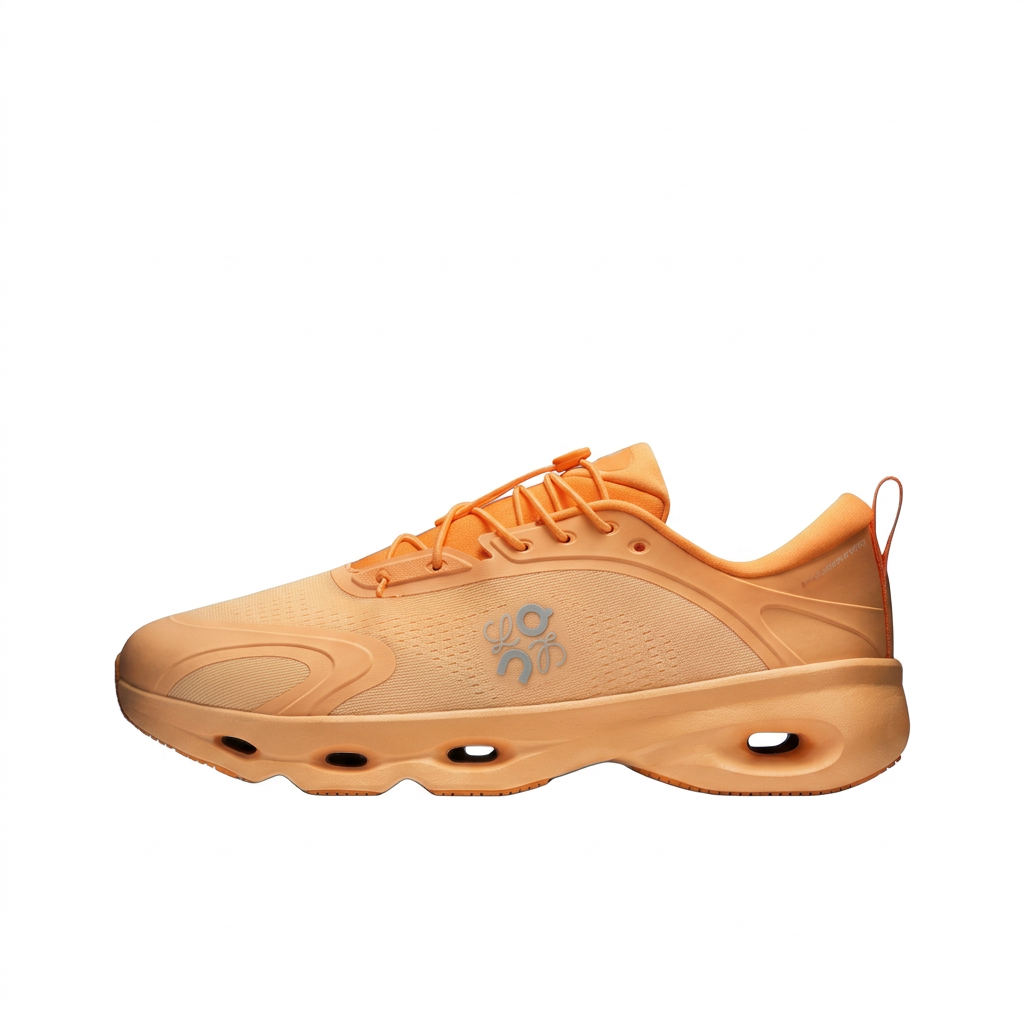 LOEWE x On Cloudsolo apricot orange sneaker, left-facing side view on white