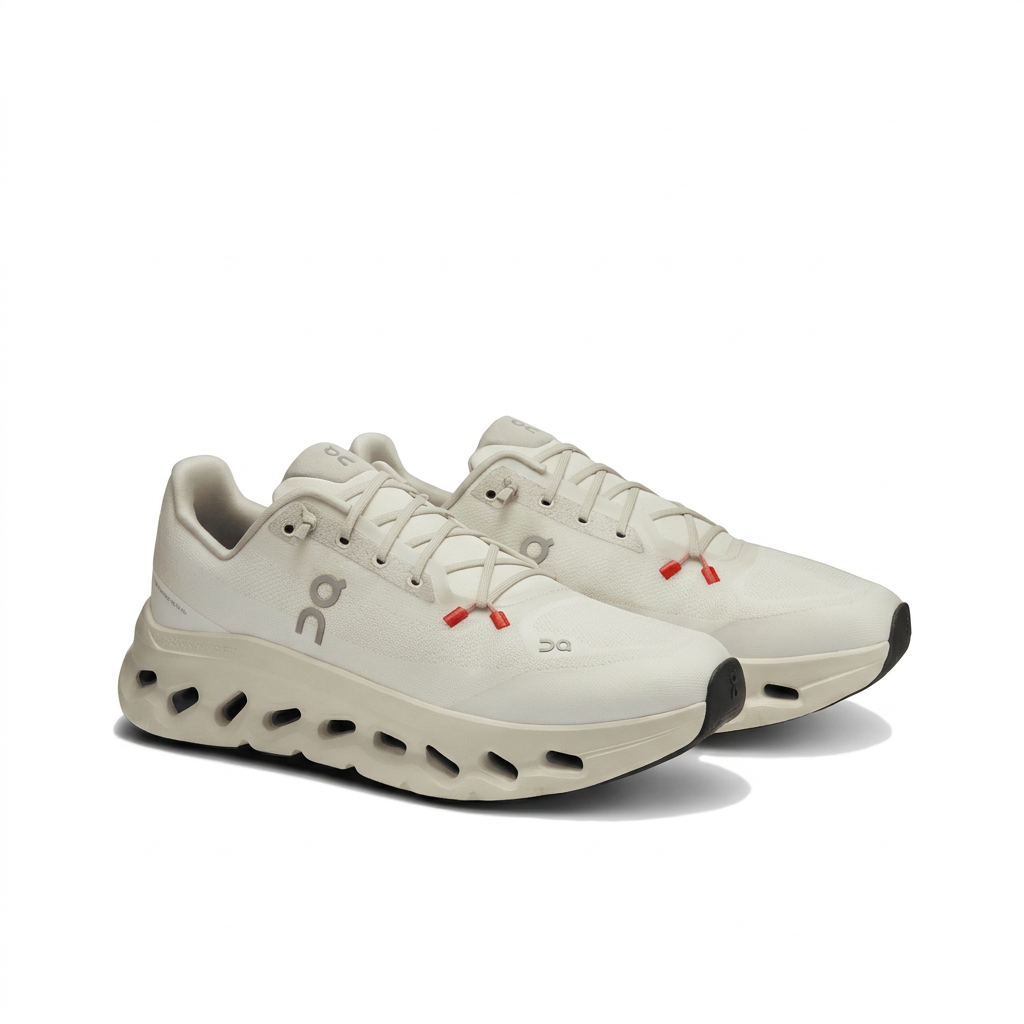 On Cloudtilt ivory sneakers with red lace accents, three-quarter pair view on white