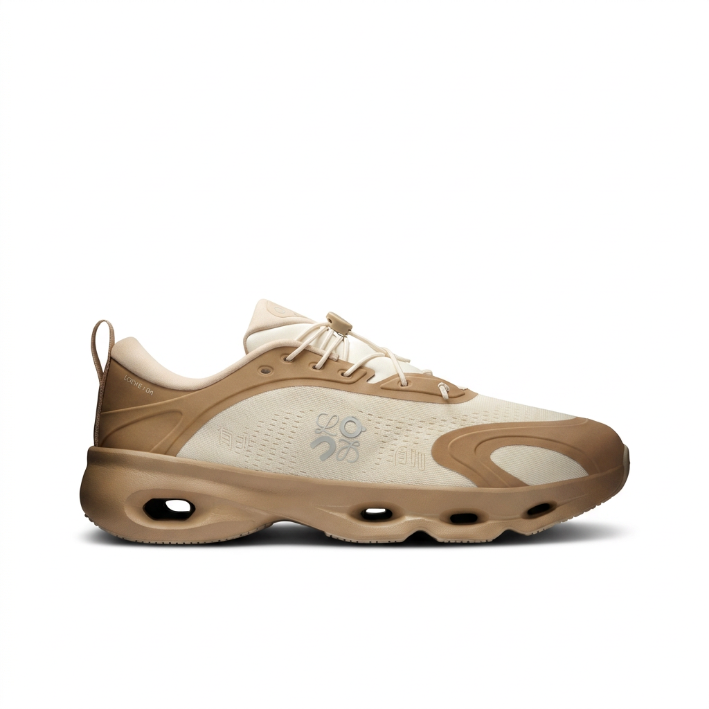 Tan and cream LOEWE x On Cloudsolo sneaker opposite side on white background