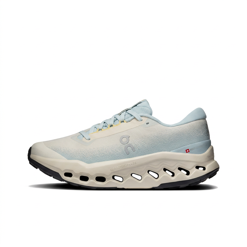 Pale blue and cream On Cloudsurfer Trail 2 shoe opposite side on white background