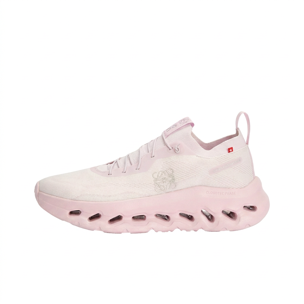 LOEWE x On Cloudtilt ivory and blush pink sneaker left-facing side view on white