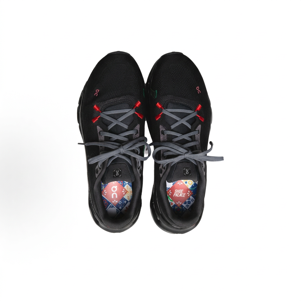 Black On x Shoe Palace Cloudtilt Talavera sneakers with patterned insoles, overhead view on white