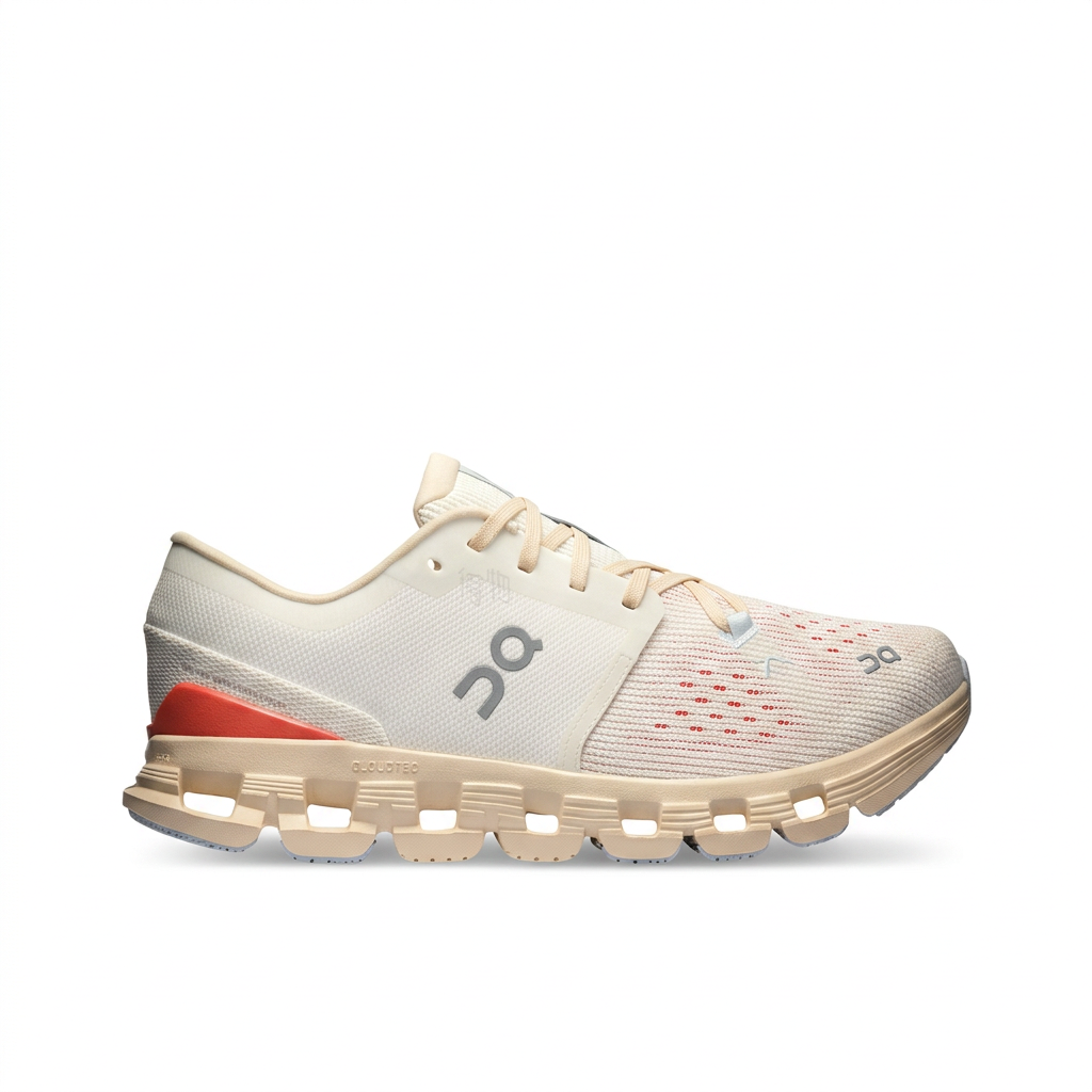 Cream and coral red On Cloud X 4 sneaker opposite side on white background