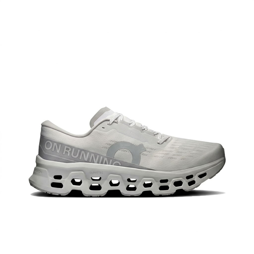 On Cloudmonster 3 light grey and white sneaker, right-facing side view on white