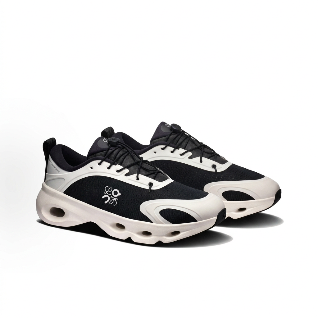 Black and off-white LOEWE x On Cloudsolo sneakers three-quarter view on white background