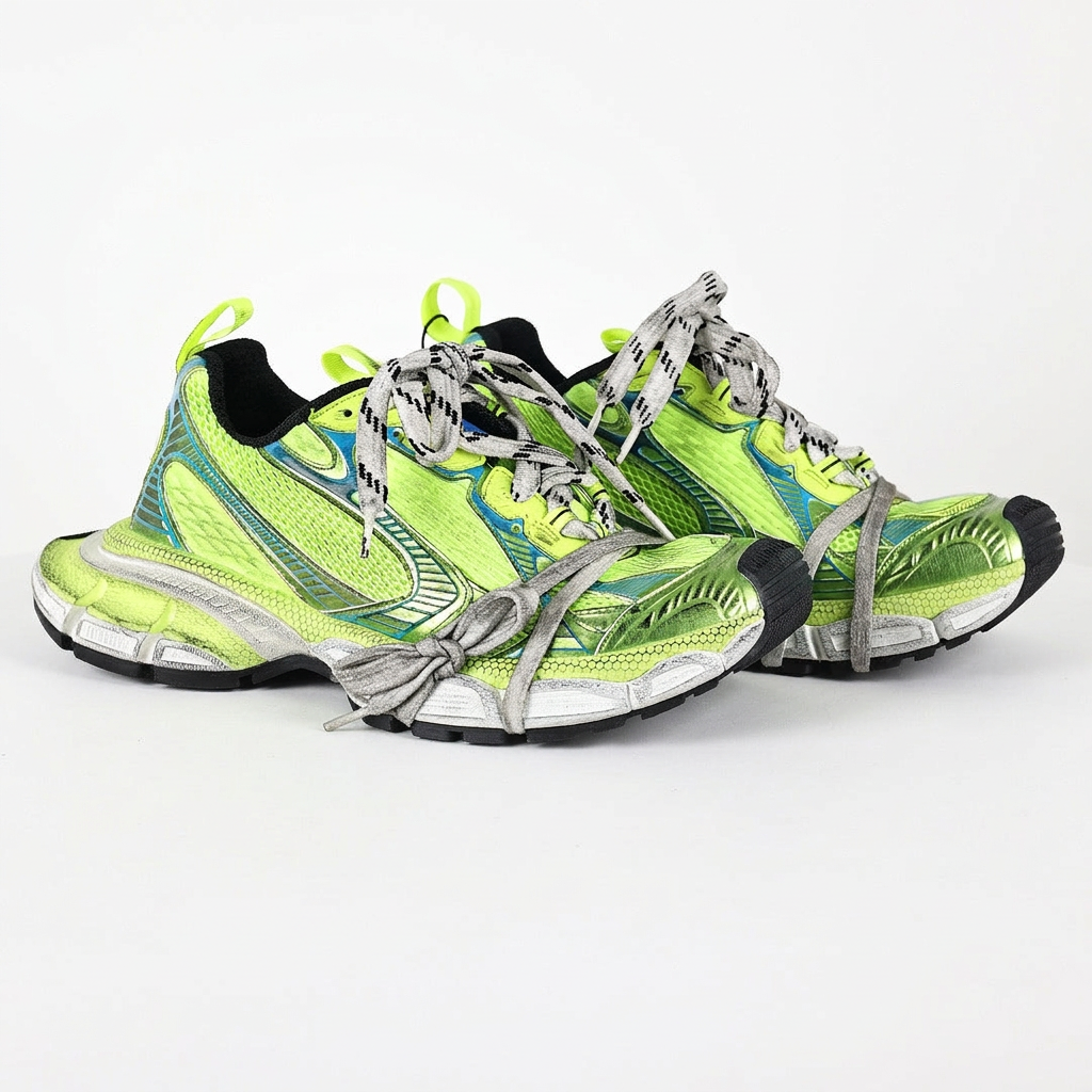Balenciaga 3XL neon green and blue sneakers on white background, view 3