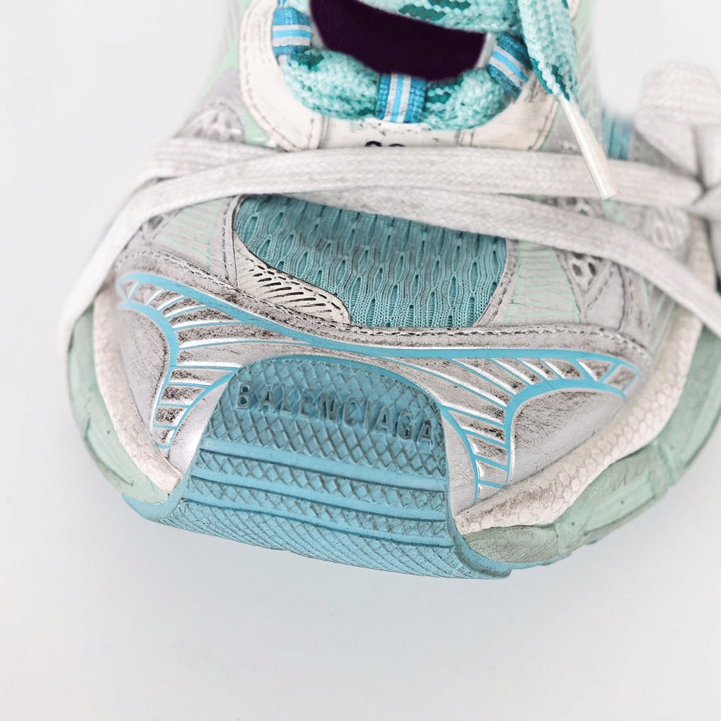 Balenciaga 3XL white and teal toe detail on white background