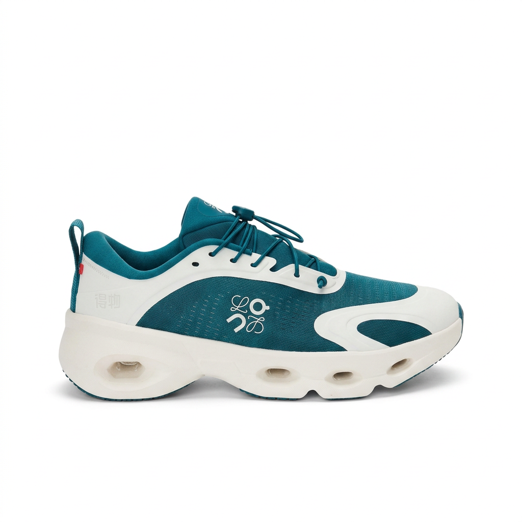 Teal and cream LOEWE x On Cloudsolo sneaker opposite side on white background