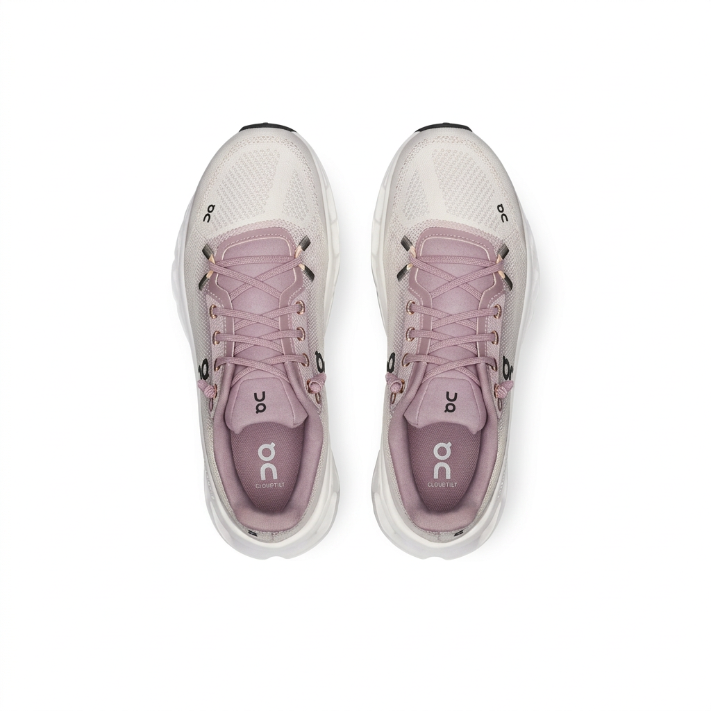 On ivory and dusty mauve sneakers, overhead view on white