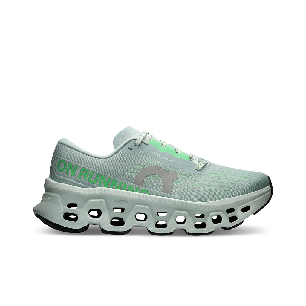 On Cloudmonster 3 ice blue and mint green sneaker, right-facing side view on white