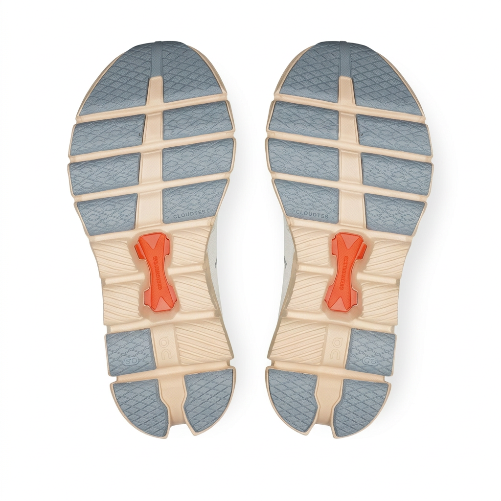 On Cloud X 4 outsoles with blue-grey tread and coral inserts on white background