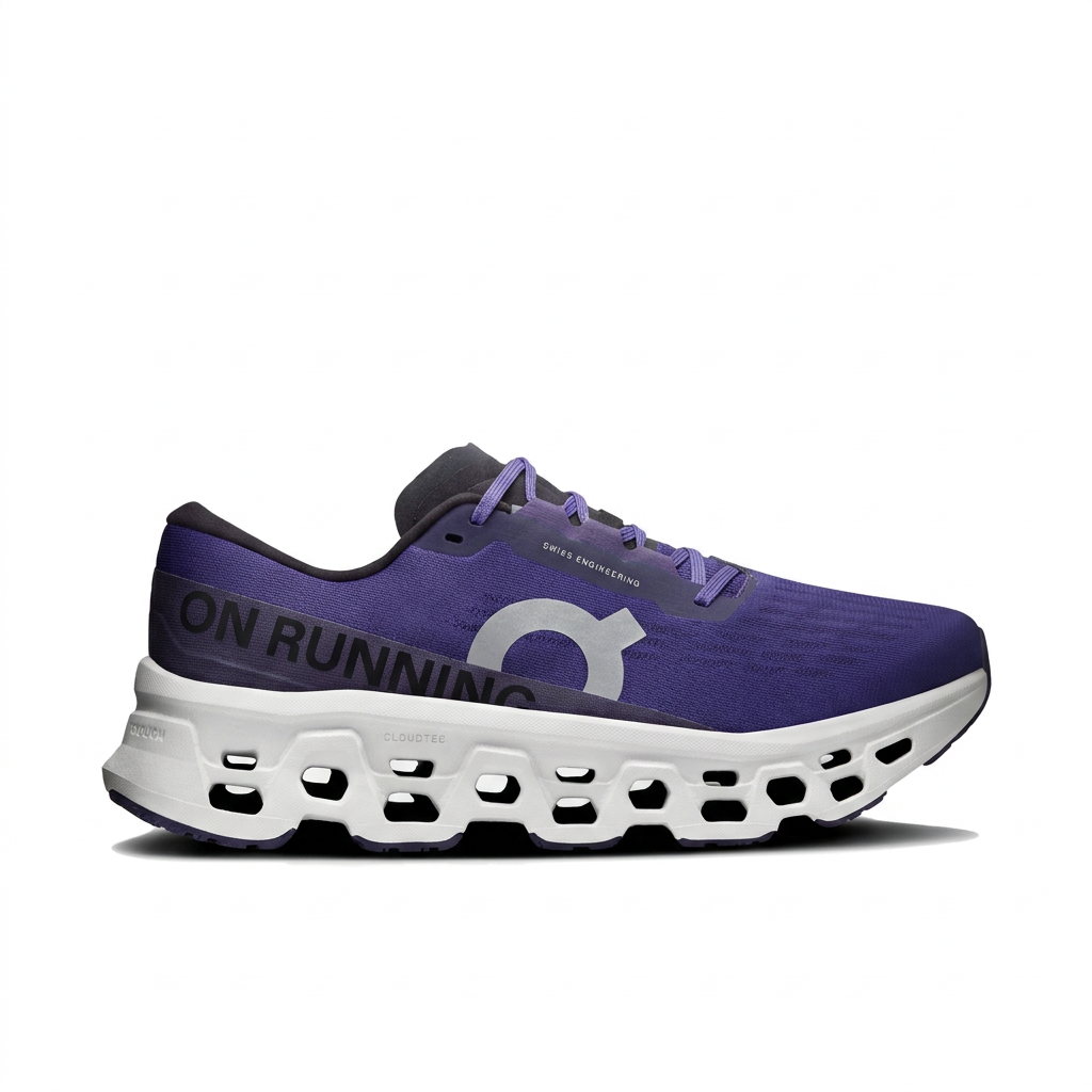 On deep purple and white sneaker, right-facing side view on white