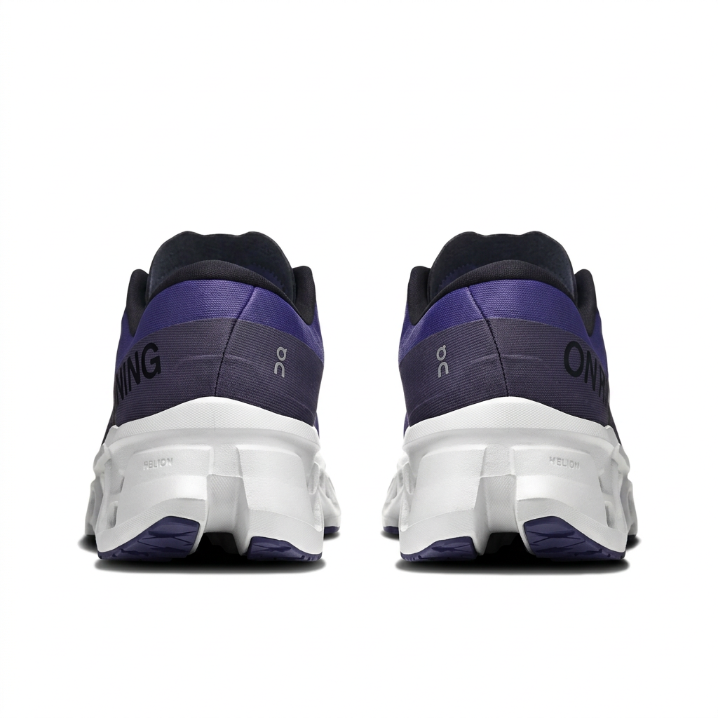 On deep purple and white sneakers, rear heel view on white