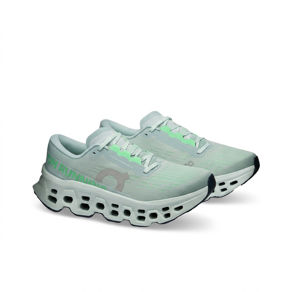On Cloudmonster 3 ice blue and mint green sneakers, three-quarter pair view on white