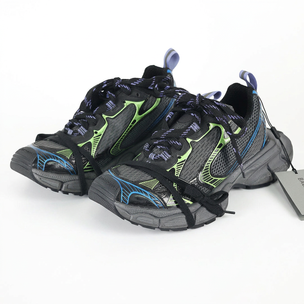 Balenciaga 3XL black and neon green sneakers on white background, view 2