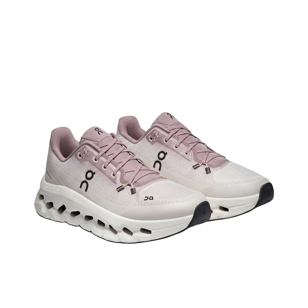 On ivory and dusty mauve sneakers, three-quarter pair view on white