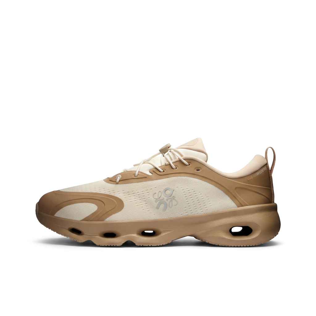 Tan and cream LOEWE x On Cloudsolo sneaker side view on white background