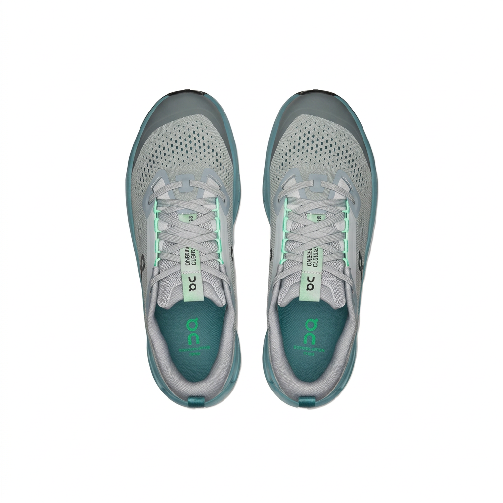 On Cloudsurfer Trail 2 grey and teal shoes, overhead view on white