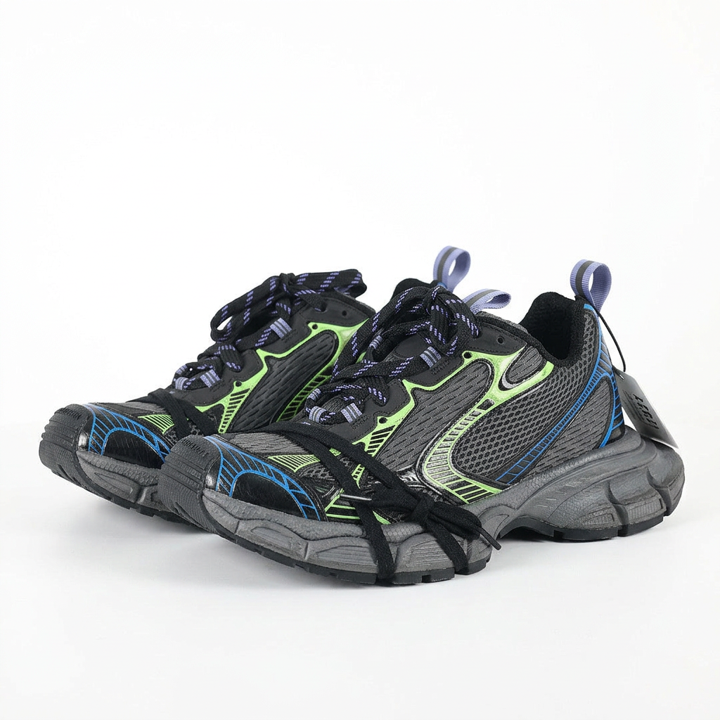 Balenciaga 3XL black and neon green sneakers on white background, view 3