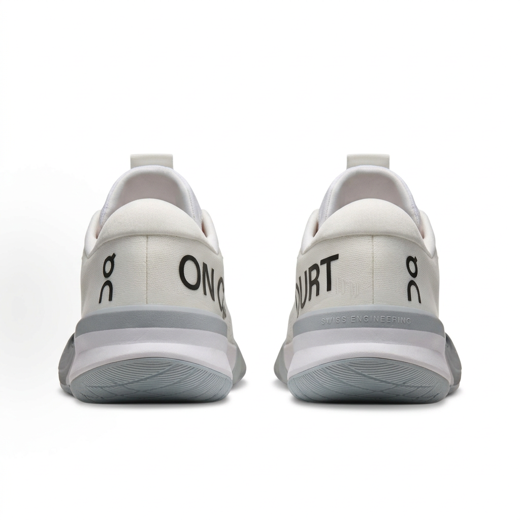 White On sneakers rear view with ON COURT lettering on white background