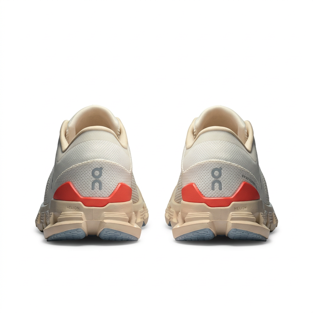 Cream and coral red On Cloud X 4 sneakers rear view on white background