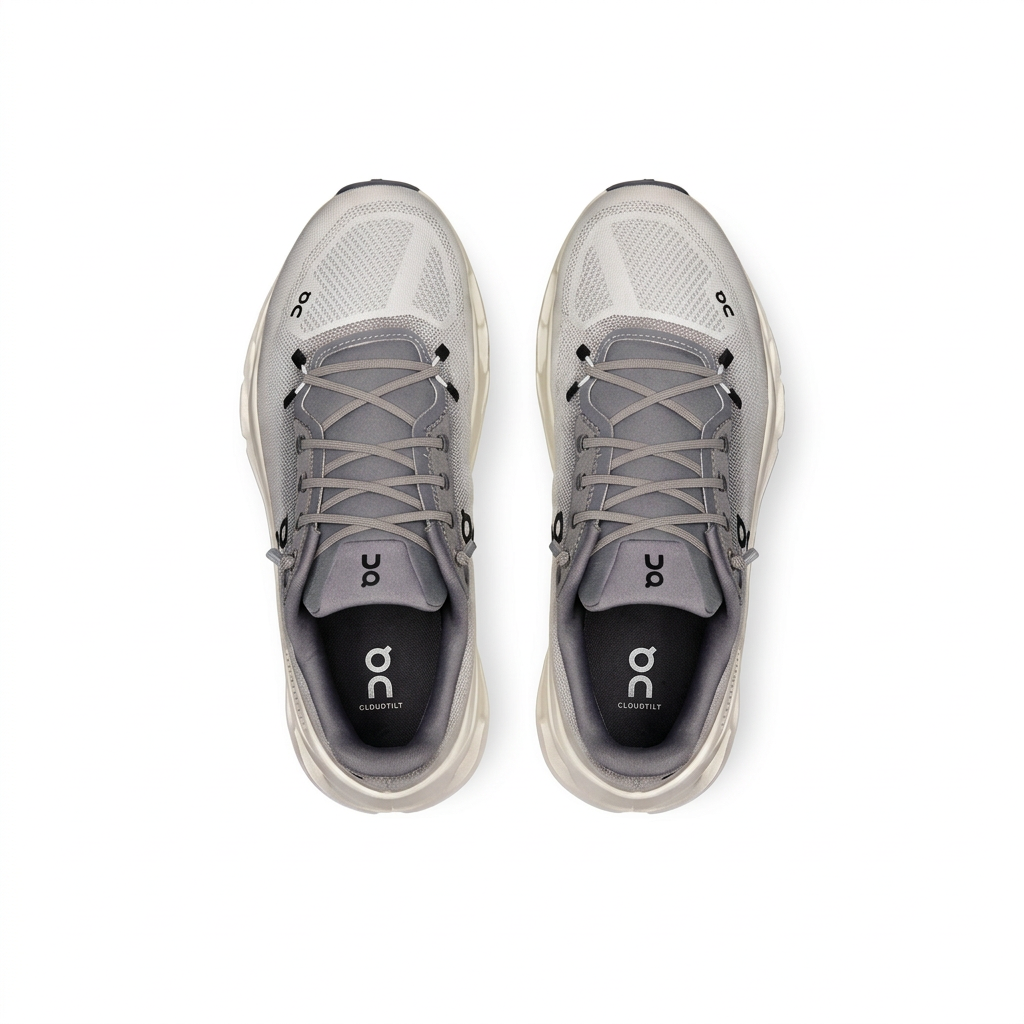 On Cloudtilt light grey and ivory sneakers, overhead view on a white background