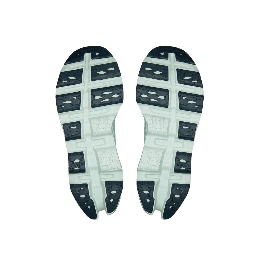 On Cloudmonster 3 pale blue and dark outsoles, bottom view on white