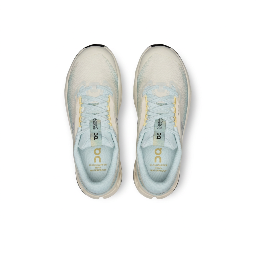 Pale blue and cream On Cloudsurfer Trail 2 shoes top view on white background