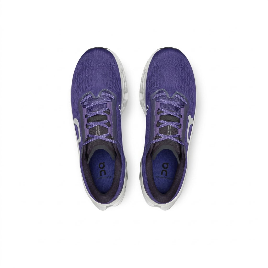 On deep purple and white sneakers, overhead view on white