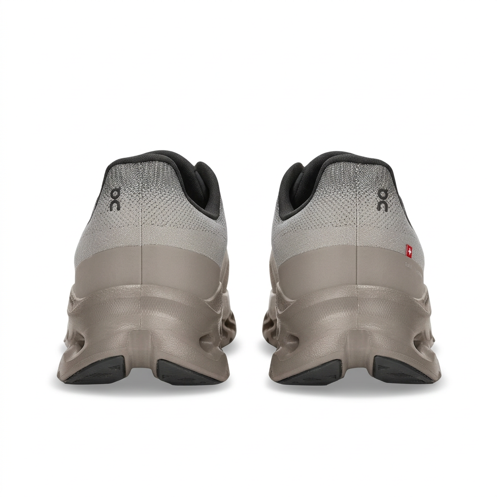 Grey and taupe On Cloudtilt sneakers rear view on white background