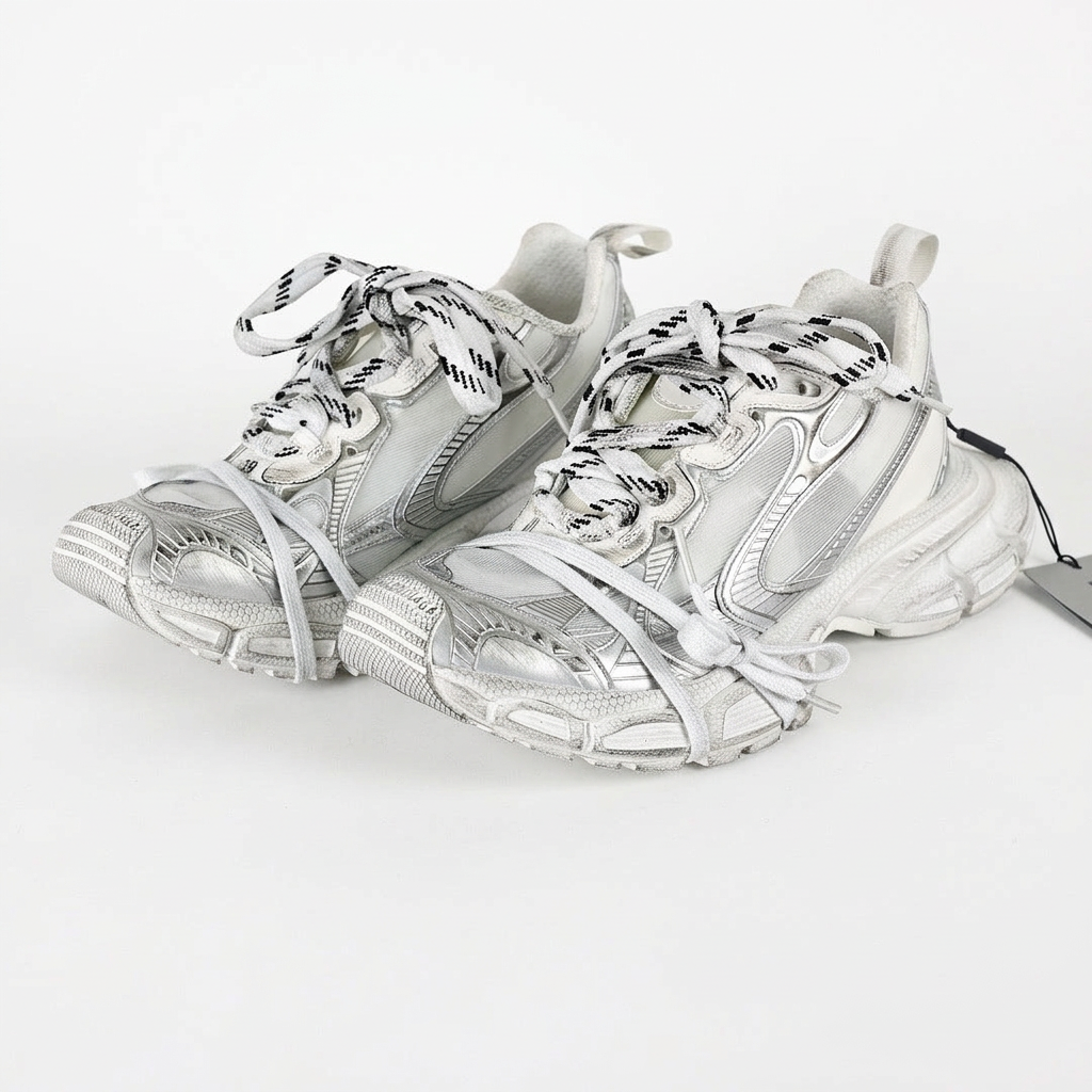 Balenciaga 3XL white and silver sneakers on white background, view 2