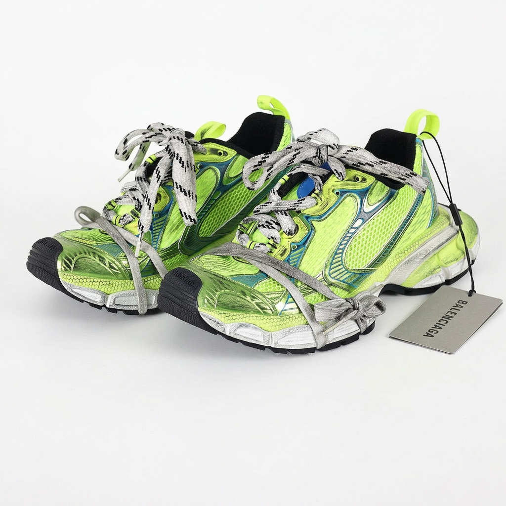 Balenciaga 3XL neon green and blue sneakers on white background, view 2