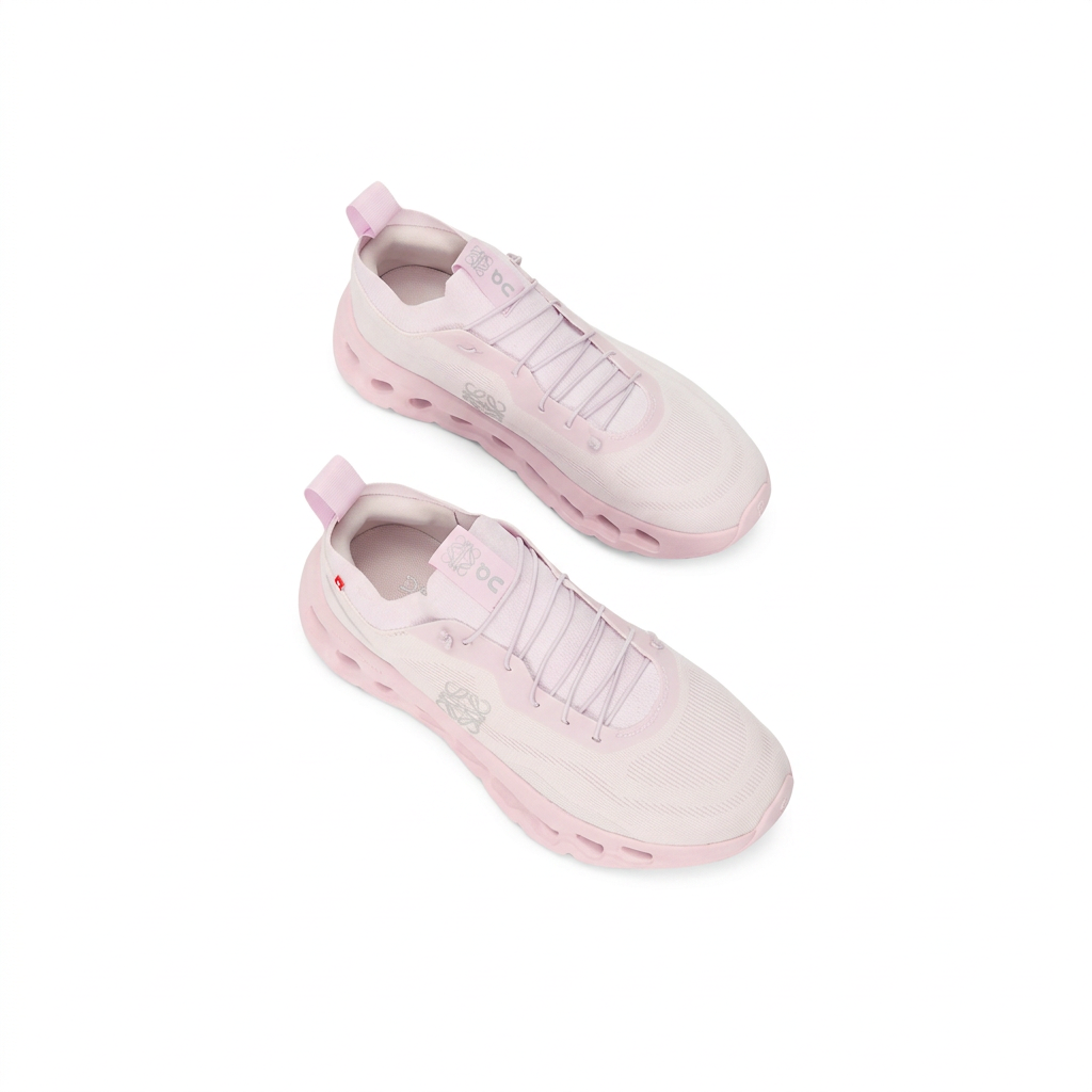 LOEWE x On Cloudtilt ivory and blush pink sneakers overhead diagonal view on white