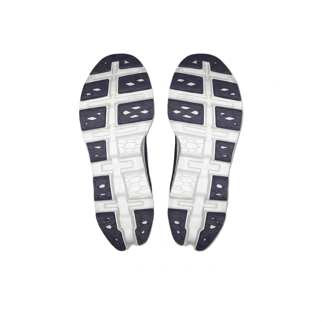 On white and dark purple outsoles, bottom view on white