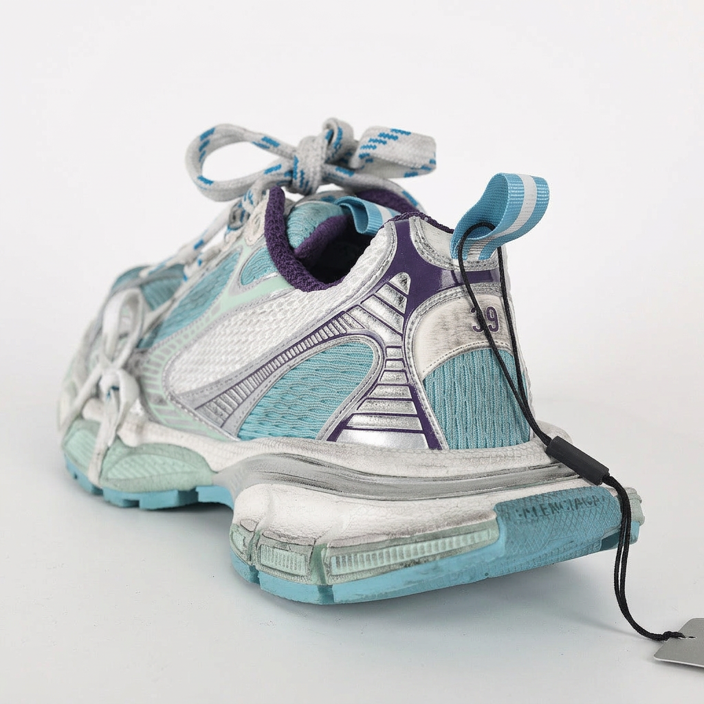 Balenciaga 3XL white and teal heel detail on white background