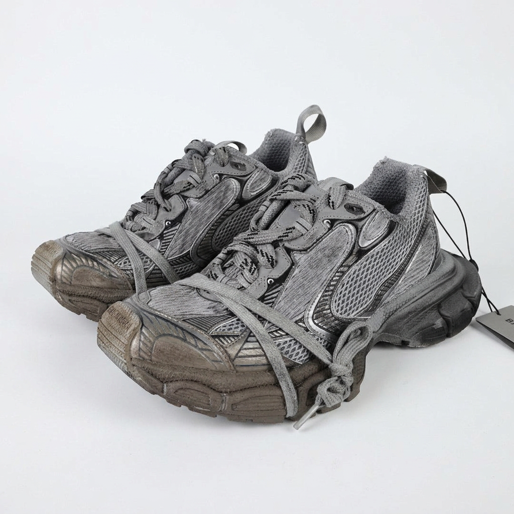 Balenciaga 3XL grey and black sneakers on white background, view 2