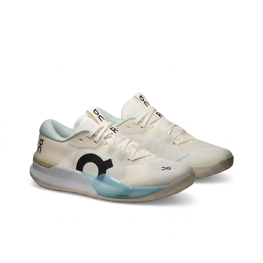 Cream and light blue On sneakers three-quarter view on white background