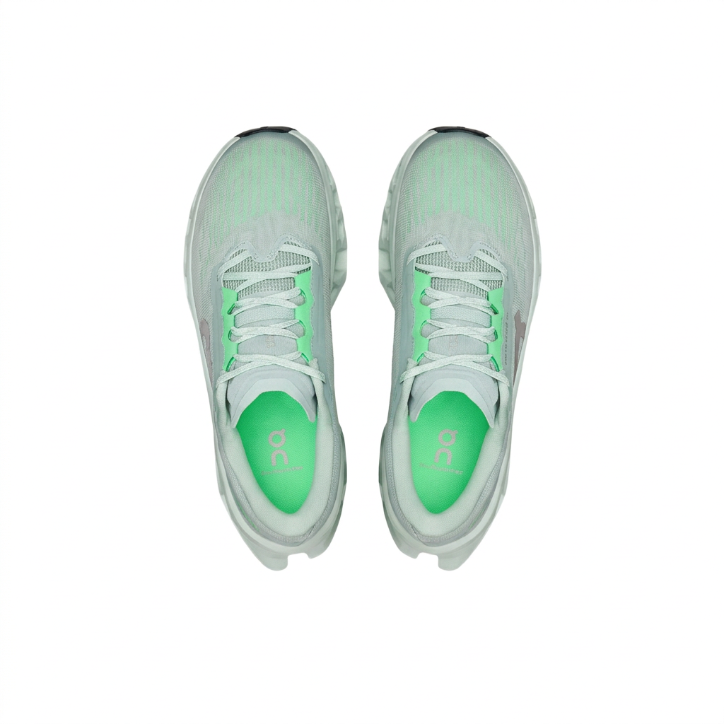 On Cloudmonster 3 ice blue sneakers with green insoles, overhead view on white