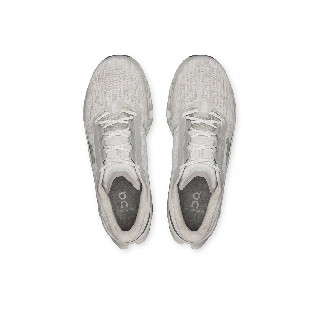 On Cloudmonster 3 light grey and white sneakers, overhead view on white