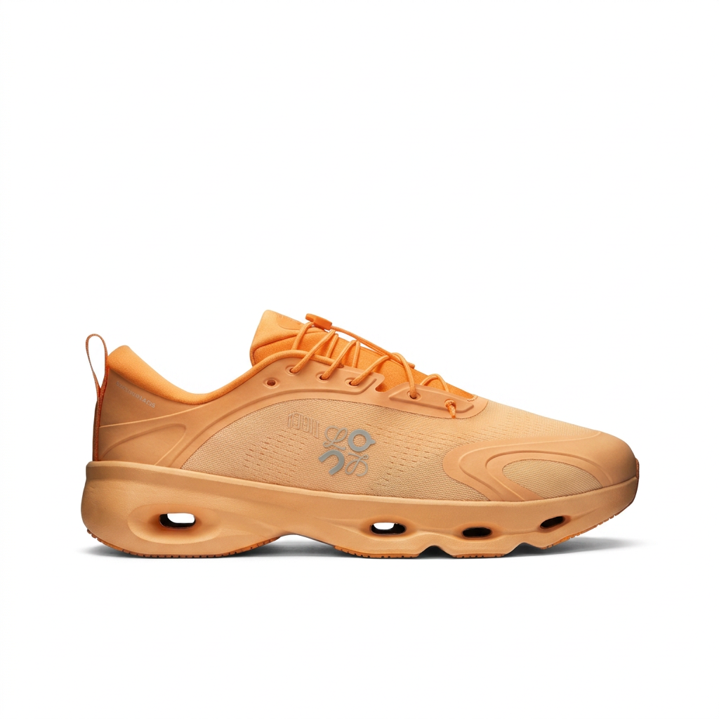 LOEWE x On Cloudsolo apricot orange sneaker, right-facing side view on white